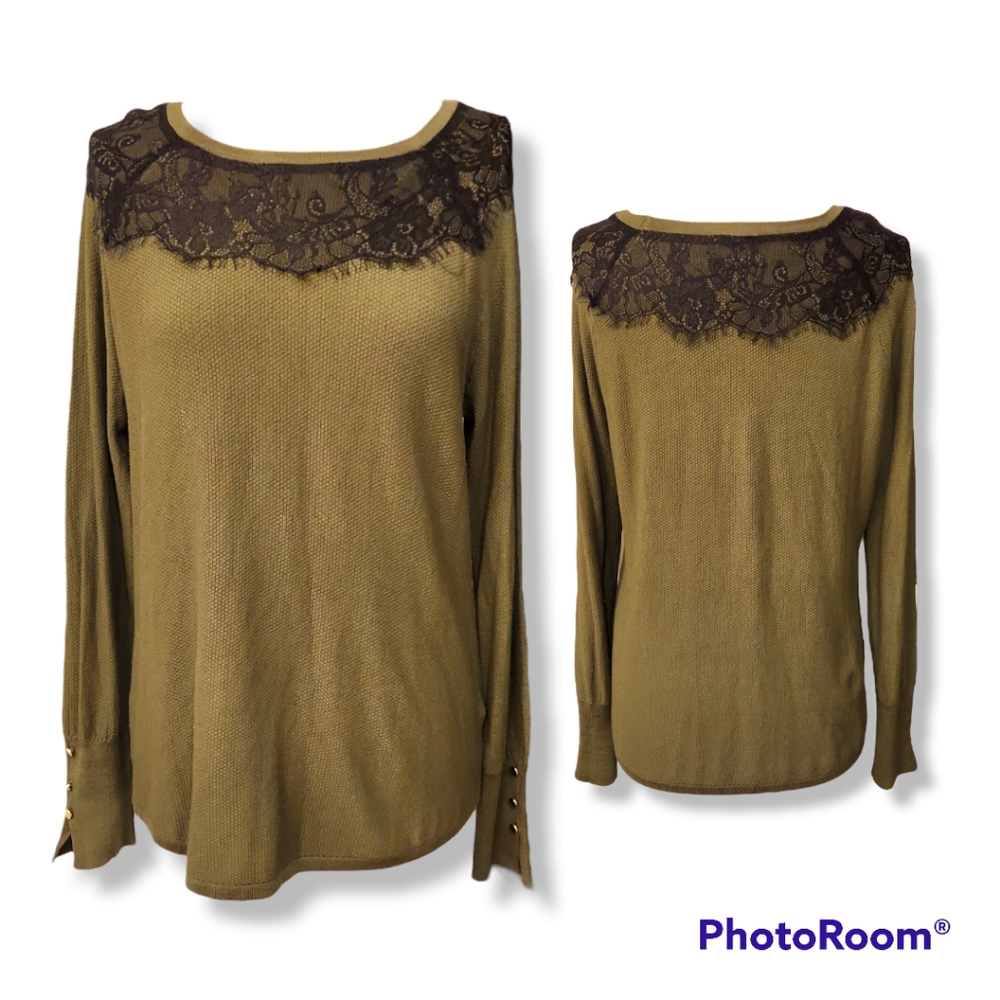 HANNAH Military & Lace Woven Knit Sweater Sz XL